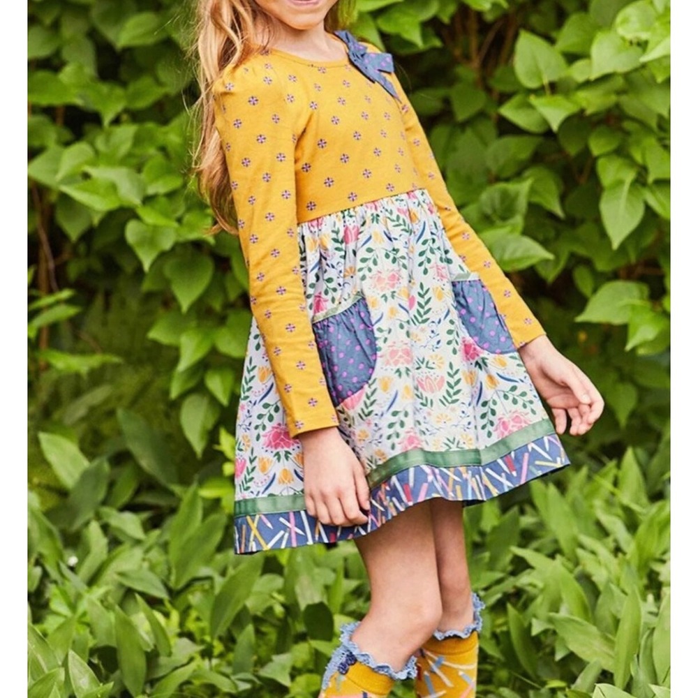 Matilda Jane Girls Yellow Floral Long Sleeve Dress with Bow Pockets Size2